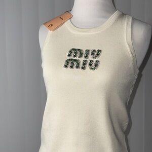 Miu Miu White Tank Top with Embellished Logo